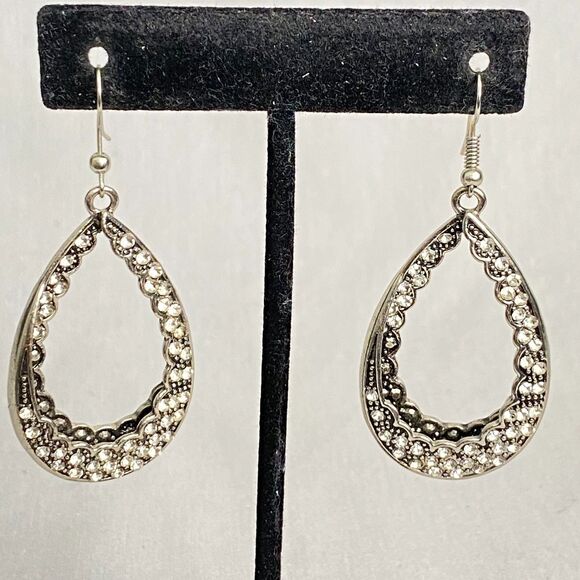 Teardrop Dangle Drop Earrings Silver Tone Tiny Clear Rhinestone Studded Pierced - Picture 2 of 10